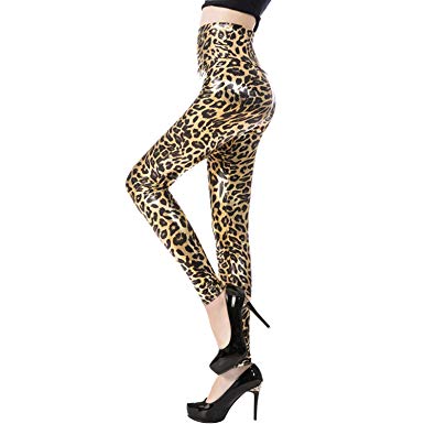 Tulucky Sexy Women High Waisted Pants Leopard Print Faux Leather Full Length Leggings