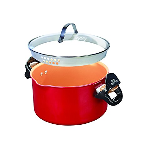 Red Copper Double-Coated Better Pasta Pot by BulbHead, Locking Handles and Straining Lid