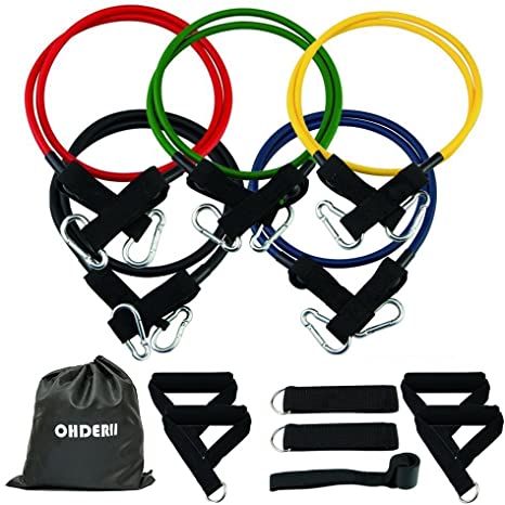 ohderii Resistance Band Set, with Door Anchor, 4 Foam Handles, Ankle Straps - Stackable Up to 100lbs - for Resistance Training, Physical Therapy, Home Gyms Workouts Fitness Yoga