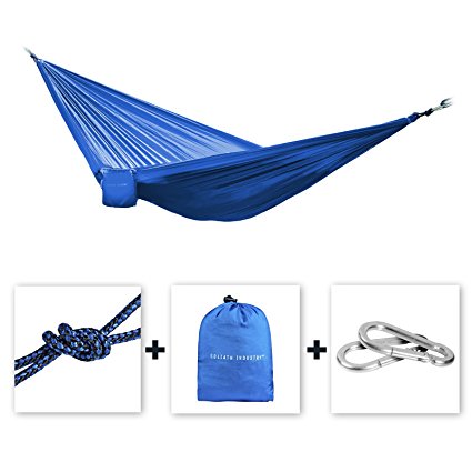 Goliath Industry Portable Parachute Nylon Hammock (Large) Fits 2 People For Camping and Outdoor Leisure - Strong Ropes and Carabiner Hooks Included (Blue)