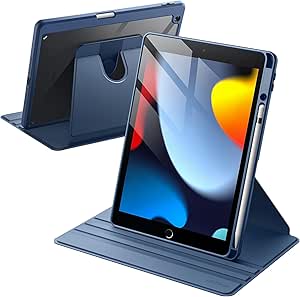 JETech Rotante Custodia per iPad 9/8/7 (10,2 Pollici, 2021/2020/2019 Modello, 9a/8a/7a Generazione) con Portapenne, 360 Gradi Rotazione Protettiva Cavalletto Cover Chiaro Indietro (Navy)