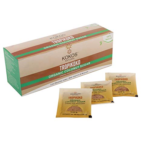 Kokos Natural Organic Coconut Sugar Sachet Box, Alternative Natural Sweetener, Low Glycemic Food, Sugar Replacement for Diabetics - 5 grams x 25 sachets / 125 grams (4.40 oz)