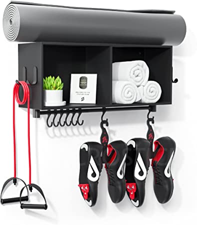 Crostice for Peloton Shelf, Home Gym Shelf with Hooks for Peloton Area, Wall Organizer for Yoga Mat, Towel, Bike Shoes, Bottles, Medals and So on - Accessories for Peloton & NordicTrack, Home Gym Accessories