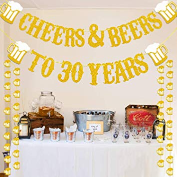 Cheers & Beers to 30 Years Real Gold Glitter Banner For 30th Birthday Wedding Anniversary Party Decorations Supplies