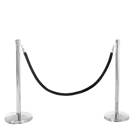 USW U2140 Chrome Post and Black Rope Stanchions, One Size (Pack of 3)