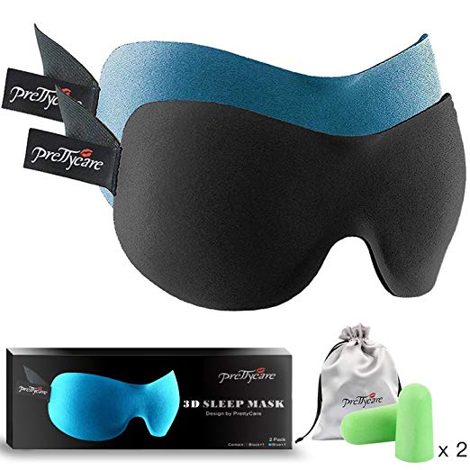 PrettyCare 3D Sleep Mask with 2 Pack Eye Mask for Sleeping - Contoured Eyemask Silk - Blindfold Airplane with Ear Plugs,Travel Pouch - Best Night Blinder Eyeshade for Men Women Kids