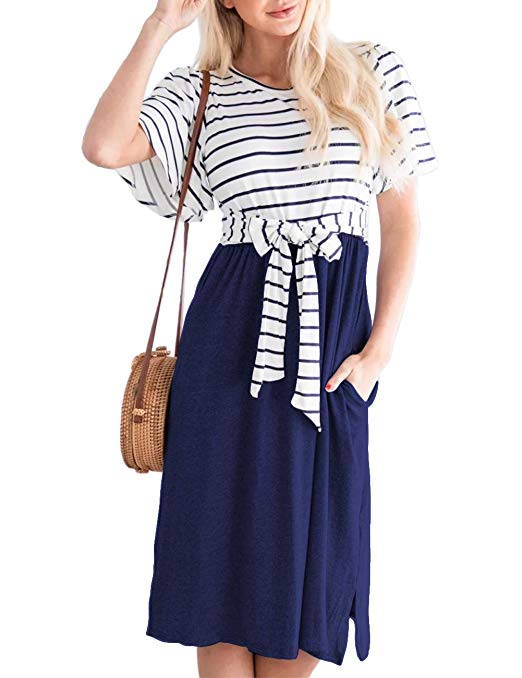 MEROKEETY Women's Summer Striped Ruffle Sleeves Tie Waist Pockets Casual Swing Midi Dress