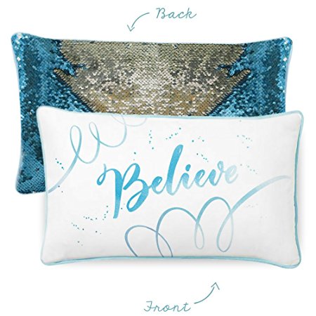 BELIEVE Kids Pillow with Lake Blue & Silver Reversible Color-Changing Mermaid Sequins