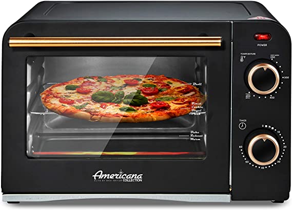 Elite Gourmet with Temperature Control & Adjustable 60-Minute Timer Vintage Diner 50’s Retro Countertop Toaster Oven, 1300W, Bake, Broil, Toast, Fits 9” Pizza, 4 Slice, Black