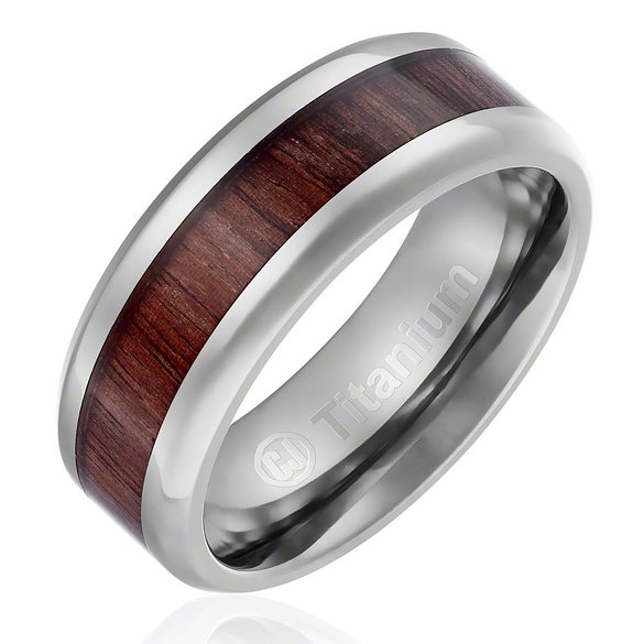 8MM Comfort Fit Titanium Wedding Band | Engagement Ring with Dark Wood Inlay | Beveled Edges