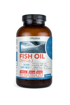 PuraVida Organique Omega 3 Enteric Coated Fish Oil Double Strength Burpless, 180 Count