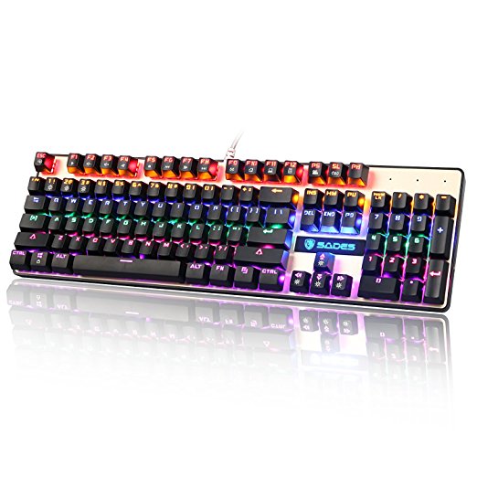 SADES K10 Mechanical Gaming Keyboard With Blue switch QWERTY Layout LED Anti-Ghosting floating Keycaps 9 Different Light Modes Wired USB Plug And Play For PC Golden Panel