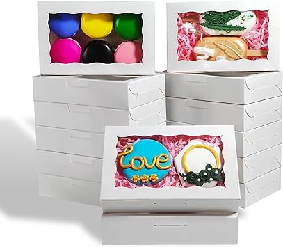 RomanticBaking 100 Pack White 7 x 4 3/8 x 1 1/2inches Cookies Boxes with Window Christmas Bakery Boxes Macaron Boxes Small Treat Boxes Chocolate Truffle Boxes