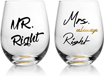 Mr. Right and Mrs. Always Right Wedding Wine Glasses, Funny Couple-Gifts for Bridal Shower-Newlyweds-Engagement and Anniversary (Set of 2)