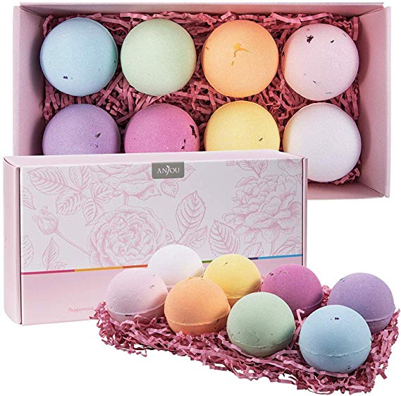 Anjou Bath Bombs Gift Set (8 x 110g), Fizzy Spa to Moisturize Dry Skin with Natural Essential Oils, Dry Flowers, Perfect Christmas Valentines Birthday Anniversary Gifts for Mom, Kids, Men, Women