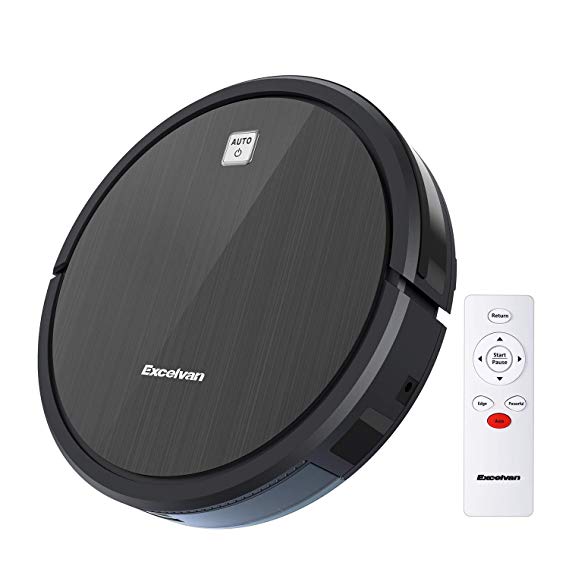 EXCELVAN Robotic Vacuum Cleaner 1600pa with Gyro Navigation, Schedule Cleaning, Auto Charging, Anti-drop, Anti-collision, Hepa Filter, 4 Quiet Modes for Pet Hair, Hard Floor and Low Pile Carpet, Black