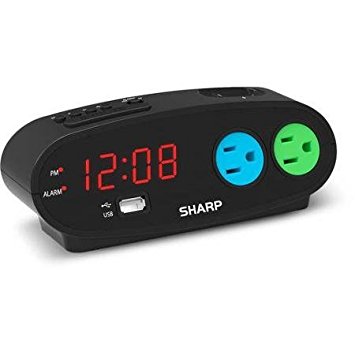 Sharp Alarm with snooze, USB and 2 power Outlets, Black