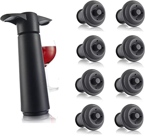 Vacu Vin Black Pump with Wine Saver stoppers - Keeps wine fresh for up to 10 days (Black 8 Stoppers)