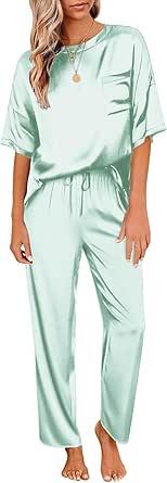 Ekouaer Womens Satin Silky Pajama Set Short Sleeve Shirt with Long Pajama Pant Set Soft PJ Loungewear