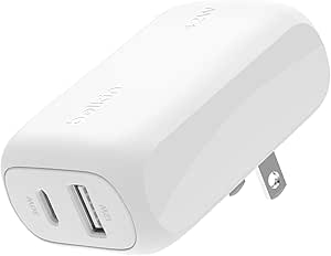 Belkin BoostCharge 42W Dual Port Wall Charger, USB-C   USB-A Charger Fast Charging for iPhone 15, 14, & 13 Series, Galaxy S24 Series, iPad, AirPods & More - USB-C to Lightning Cable Included - White