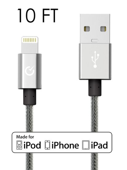 Volts Lightning Cable 10ft USB [Apple MFi Certified] Exo Nylon Braided Lightning Charger w/ Aluminum Case on USB & 8-pin Connector for Apple iPhone 6 / 6 plus, iPod, iPad & more (Exo Silver 10FT)