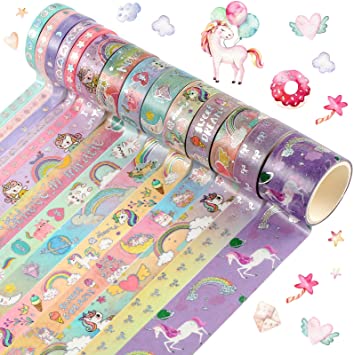 14 Rolls Unicorn Washi Masking Tape Glitter Unicorn Pattern Washi Tape Shiny Decorative Tapes DIY Wrapping Paper Tapes for Crafts Scrapbooking, Art Projects, Holiday Cards Decorations