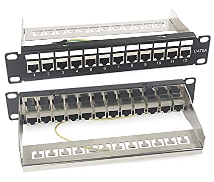 Detroit Packing Co. 12 Port RJ45 CAT6A Shielded Through Coupler Patch Panel with Back Bar, Wallmount or Rackmount, Compatible with Cat5, Cat5e, Cat6, Cat6A, UTP STP Cabling (CAT6a Shielded, 12-Port)