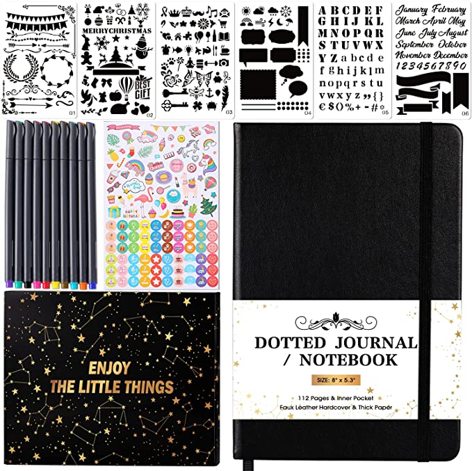 Bullet Dotted Journal Kit - Bullet Dotted Journal Set with Black Faux Leather Notebook, 10 Colored Pens, 6 Reusable Stencils, Sticker Sheet, Stylish Starry Box