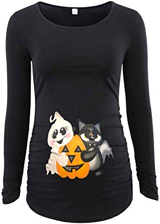 Ecavus Women's Maternity Tunic Skeleton Baby Funny Halloween Tops Clothes Flattering Side Ruching Pregnancy T-Shirt