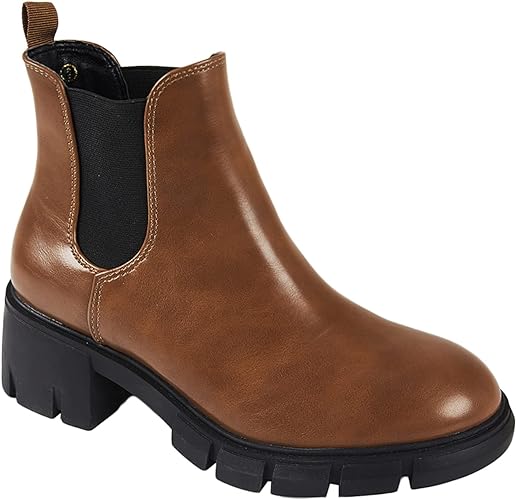 Juliet Holy Womens Lug Sole Platform Ankle Booties Chelsea Slip on Chunky Block Heel Leather Combat Boots