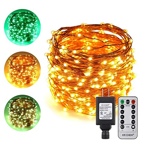 ErChen Dual-Color LED String Lights, 100 FT 300 LEDs Plug in Copper Wire Color Changing 8 Modes Dimmable Fairy Lights Remote Timer Indoor Outdoor Christmas (Green/Warm White)