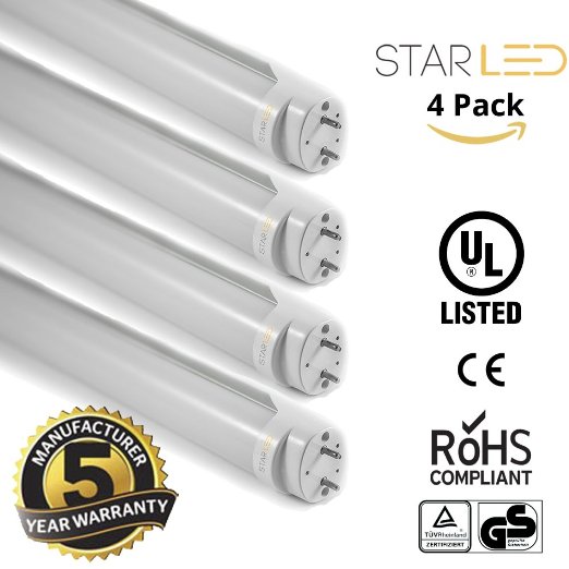 4 Pack | Star LED 18W Ballast Compatable T8 LED 4' Foot Tube Light | 1800 Lumen = 35 Watt Equivalent | G13 | 5000K Pure White Light