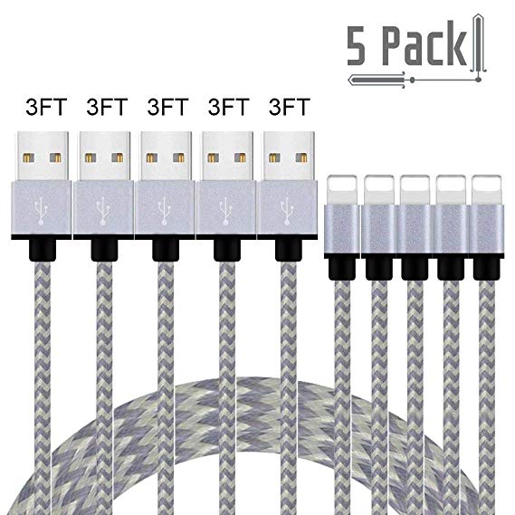 MFi Certified Lightning Charger, Charging Cable, 5Pack 3FT to Syncing Data and Nylon Braided Cord Charger Compatible with iPhone/Xs Max/XS/XR/X/8/8Plus/7/7Plus/6S/6Plus/Pad More(White&Gray)