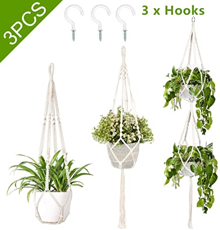 OurWarm 3 Pack Macrame Plant Hanger Indoor Outdoor Hanging Plant Holder with 3pcs Hooks, Handmade Cotton Hanging Planter Basket Stand Flower Pot Holder for Bohemian Wall Home Decor(4 Legs, 3 Sizes)