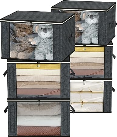 6Pack Clothes Storage Bags 𝐰𝐢𝐭𝐡 𝐂𝐚𝐫𝐝𝐛𝐨𝐚𝐫𝐝 𝐒𝐢𝐝𝐞𝐬, Foldable Closet Organizers and Storage Bins with Sturdy Zipper, Thick Fabric Closet Storage Containers for Clothing, Blankets(35L)