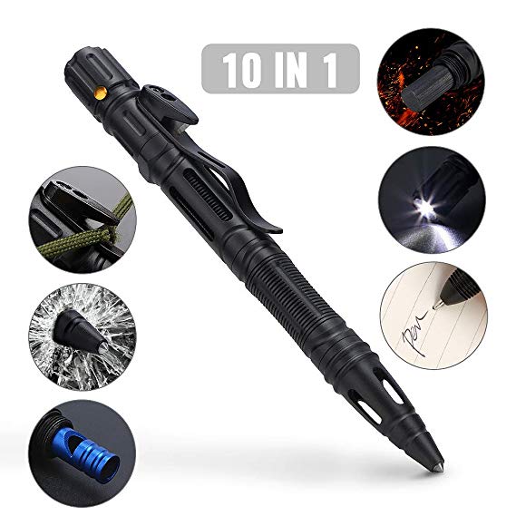 Merssyria 10 in 1 Multifunctional Tactical Pen for Self Defense - Heavy Duty Aircraft Aluminum EDC Survival Pen with Window Breaker, Flashlight, Flint, Emergency Whistle & Screwdriver Tools