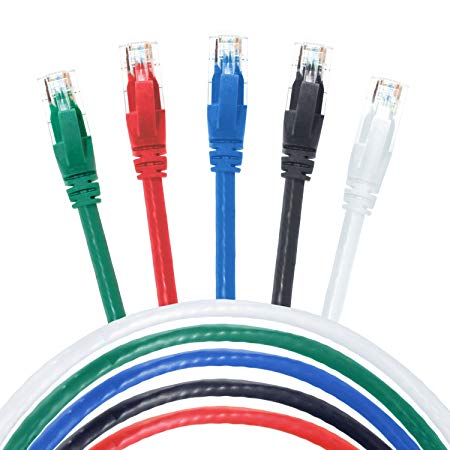 DynaCable Cat6 Ethernet Cable - 3 Foot/5 Pack - Multicolored- 10 Gig High Speed Internet Cable with Snagless RJ45 Connectors with Professional Grade Copper - (Red, Blue, White, Black, Green)
