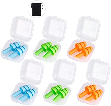 6 Pairs Reusable Silicone Ear Plugs, Waterproof Noise Reduction Earplugs for Sleeping, Swimming, Snoring, Concerts, 32dB Highest NRR, 3 Colors with Bonus Travel Pouch.