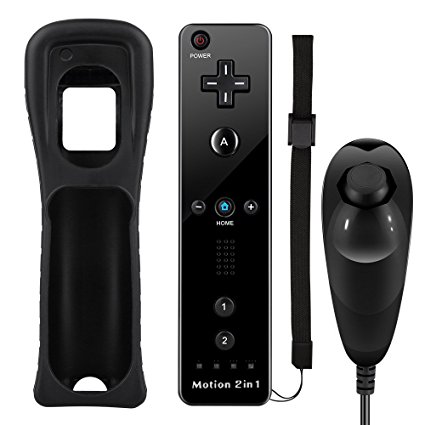 Wii Remote Plus,XW05 Nintendo Wii Controller and Nunchuck Built-in Motion Plus Vibration Motor With Silicone Case Wrist Strap For Wii And Wii U-Black