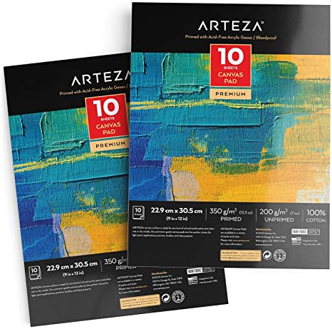 Arteza 9x12” Canvas Pad, 2 Pack, 20 Sheets, 100% Cotton, Primed with Acid-Free Gesso, Glue-Bound Pad of Canvas Paper for Acrylic Painting or Oil Paint, Ideal for Painting and Mixed Media