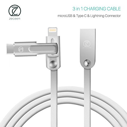ZECEEN 3-IN-1 USB Charging Cable – Combines Micro USB, USB Type C, and iPhone Charger Cord – 2.1A Fast Charging Speed & High Speed 480 MBPS Data Transfer or Sync – Zinc Alloy Head