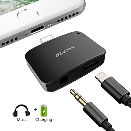 2 in 1 Lightning Adapter for iPhone 7/7 Plus, Steanum Lightning to 3.5mm AUX Headphone Jack Adapter (Audio   Charge) Compatible with iOS 10.3 - No Calling Function and Music Control (Black)