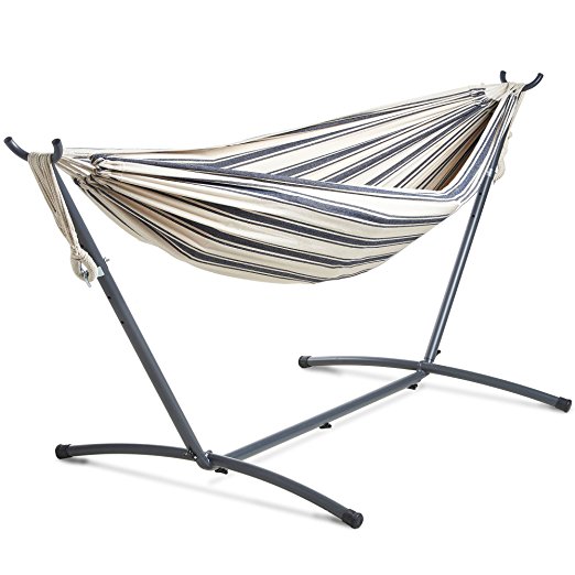 VonHaus 2 Person Hammock With Frame – 100% Cotton Fabric In Nautical Blue & White Stripe – Luxury Standing Double Swinging Hammock with Sturdy Steel Frame for Outdoor, Garden and Patio