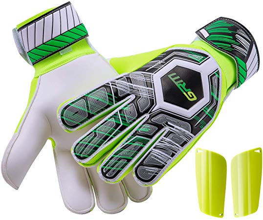 GRM Goalie Gloves Youth, Goalkeeper Gloves with Upgraded Fingersave and Super Grip Palms, Non-Slip Wear Resistant Soccer Goalie Gloves for Adult, Size 7-10, Bonus Medium or Large Shin Guards