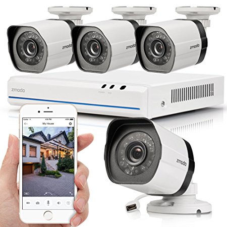 Zmodo Simplified PoE Security System -- 4 Channel NVR & 4 x 720p Outdoor Bullet Cameras with Customizable Motion Detection & Adjustable Night Vision No Hard Drive