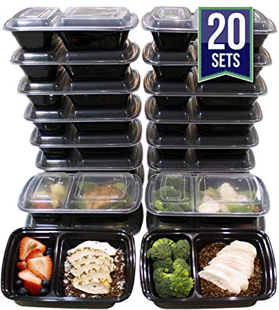 Misc Home [20 Pack 32 Oz Two Compartment Meal Prep Containers BPA-Free [Black]
