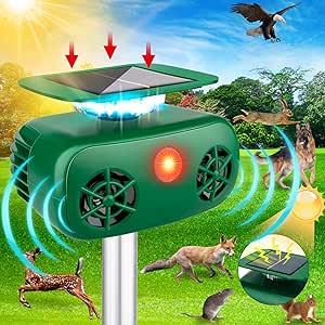 Cat Repellent Outdoor, 2024 New Solar Pest Animal Repellent, Bird Devices Solar Powered Ultrasonic Dog Repeller with Motion Sensor & Flashing Light, Cat Repellent for Repelling Squirrels, Raccoon