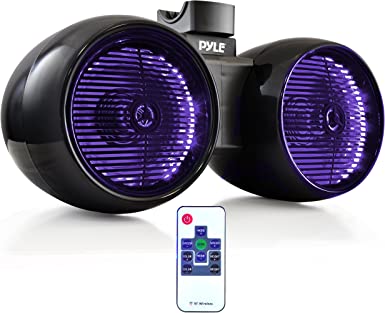 Waterproof Marine Wakeboard Tower Speakers - 6.5” Dual Subwoofer Speaker Set and 1.0” Tweeters, LED Lights and 400 Watt Power - 2-Way Boat Audio System with Mounting Bracket - PLMRWB852LEB (Black)