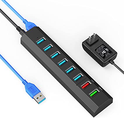 Powered USB Hub, Aiibe 8-Port USB Hub 3.0 Powered USB Splitter with 2 Fast Charging Ports   12V/3A Power Adapter   USB 3.0 Cable, USB Hub Powered 36W Adapter for Laptop, Mac, PC, Mobile HDD (Black)