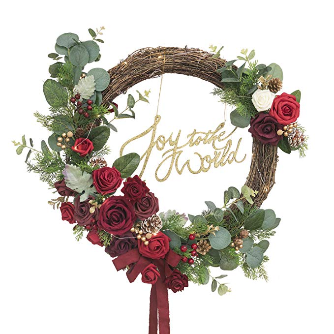 Ling's moment Christmas Wreath with Joy to The World Sign 19.5 Inch Xmas Door Wreath Flower Garland Hoop Wreath for Christmas Home Decoration (Wreath NOT Included)
